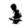 Man holding cell phone and typing message, abstract isolated vector silhouette. Ink drawing, side view Royalty Free Stock Photo