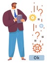 Confident man holding clipboard with gears, questions, and binary code representing problem-solving Royalty Free Stock Photo