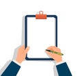 Man holding a clipboard to write. Hand with pen writes on empty sheet of paper. Checklist document for note. vector illustration Royalty Free Stock Photo