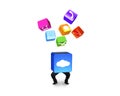 Man holding cloud box illuminated app icons isolated on white Royalty Free Stock Photo