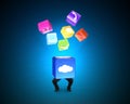 Man holding cloud box illuminated colorful icons on blu Royalty Free Stock Photo