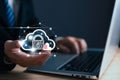 man holding cloud computing diagram show on hand. Data storage.Cloud technology.Secure backup and consistency Networking and