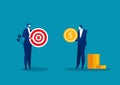 Man Holding coin with Arrow Aiming in Target. Businessman Trying Catch target with Dollar. Vector Flat Illustration