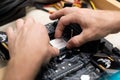 Man holding computer processor chip. electronic engineer installing Ryzan microprocessor. Russia, 17.08.2021