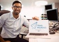 Man holding a computer with travel insurance concept on screen Royalty Free Stock Photo