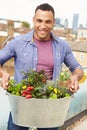 Man Holding Container Of Plants On Rooftop Garden Royalty Free Stock Photo