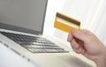 Man holding credit card in hand online shopping and banking Royalty Free Stock Photo