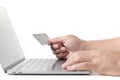 Man holding credit card on laptop isolated e concept Royalty Free Stock Photo