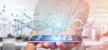 Man holding a 3d rendering data coded Dna with binary file around Royalty Free Stock Photo