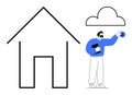 Man Holding Data Disk Beside Cloud and House Outline, Representing Cloud Storage and Digital Security Royalty Free Stock Photo
