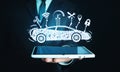 Man holding digital tablet. Modern smart car. Transportation, Technology Concept Royalty Free Stock Photo