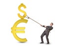 Man holding dollar and euro sign with rope Royalty Free Stock Photo