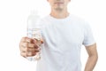 Man holding drinking water bottle isolated on white background