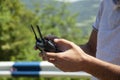 Man holding drone remote control Royalty Free Stock Photo