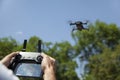 Man holding drone remote control Royalty Free Stock Photo