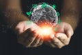 Man holding earth globe hologram and icon of ECO and renewable energy. Limitless possibilities Royalty Free Stock Photo