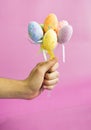 Man holding Easter eggs on a stick on a pink background Royalty Free Stock Photo