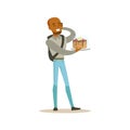 Man Holding Festive Birthday Cake Bought In Bakery Shop Speaking On His Mobile Phone Vector Illustration