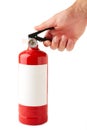 Man holding fire extinguisher isolated over white background, with clipping path Royalty Free Stock Photo