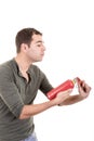 Man holding a fire extinguisher, isolated on white Royalty Free Stock Photo