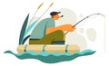 Man holding fishing rod sitting in boat on lake Royalty Free Stock Photo