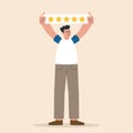 Man holding five golden stars. User experience, customer feedback stars rating, 5 star rating. Client satisfaction, good service Royalty Free Stock Photo