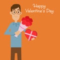 Man Holding Flower Bouquet and Heart Shape Present Royalty Free Stock Photo