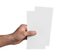 Man holding flyers on white background, closeup. Mockup for design Royalty Free Stock Photo