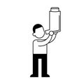 Man holding giant asthma inhaler, minimal black and white outline icon. Flat vector illustration. Isolated on white.