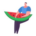 Man holding giant watermelon slice. Cartoon male enjoys a big piece of fruit. Summer eating concept and refreshing snack