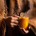 Man holding glass mug of hot orange or lemon drink while wrapped in blanket. Male hands holding transparent cup with Royalty Free Stock Photo