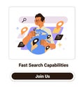 Man holding globe with location markers representing global search capabilities surrounded by search icons and abstract