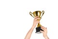 Man holding gold trophy cup on background, closeup Royalty Free Stock Photo