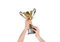 Man holding gold trophy cup on background, closeup Royalty Free Stock Photo