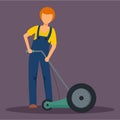 Man holding grass cutter icon, flat style