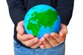 Man Holding Green Globe on Blank Background Royalty Free Stock Photo