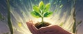 A man is holding a green plant in his hands.created with the help of artificial intelligence. Royalty Free Stock Photo