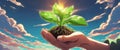 A man is holding a green plant in his hands.created with the help of artificial intelligence. Royalty Free Stock Photo