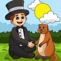 Man Holding Groundhog Colored Cartoon Illustration