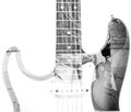 Man holding a guitar and guitar silhouette in double exposure in Royalty Free Stock Photo