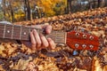 Man holding guitar neck close in autumn park