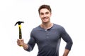 Man holding hammer isolated on white, handyman tools concept Royalty Free Stock Photo