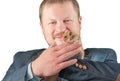 Man holding hamster on arm