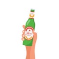 Man holding in hand green beer bottle with label. Vector. Royalty Free Stock Photo