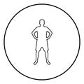 Man holding hands on belt confidence concept silhouette manager business icon black color illustration in circle round