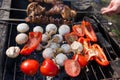 Man holding in hands grilled vegetables, chicken and pork meat on the open fire. Onions, mushrooms, tomatoes and red pepper on the Royalty Free Stock Photo