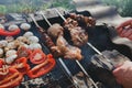 Man holding in hands grilled vegetables, chicken and pork meat on the open fire. Onions, mushrooms, tomatoes and red pepper on the Royalty Free Stock Photo
