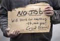 Man holding handwritten cardboard sign, No Job, Will Work, jobless, unemployed