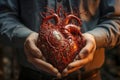 A man holding a heart in his hands. Cardiological health concept.