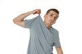 man holding himself by the shoulders on white background Royalty Free Stock Photo